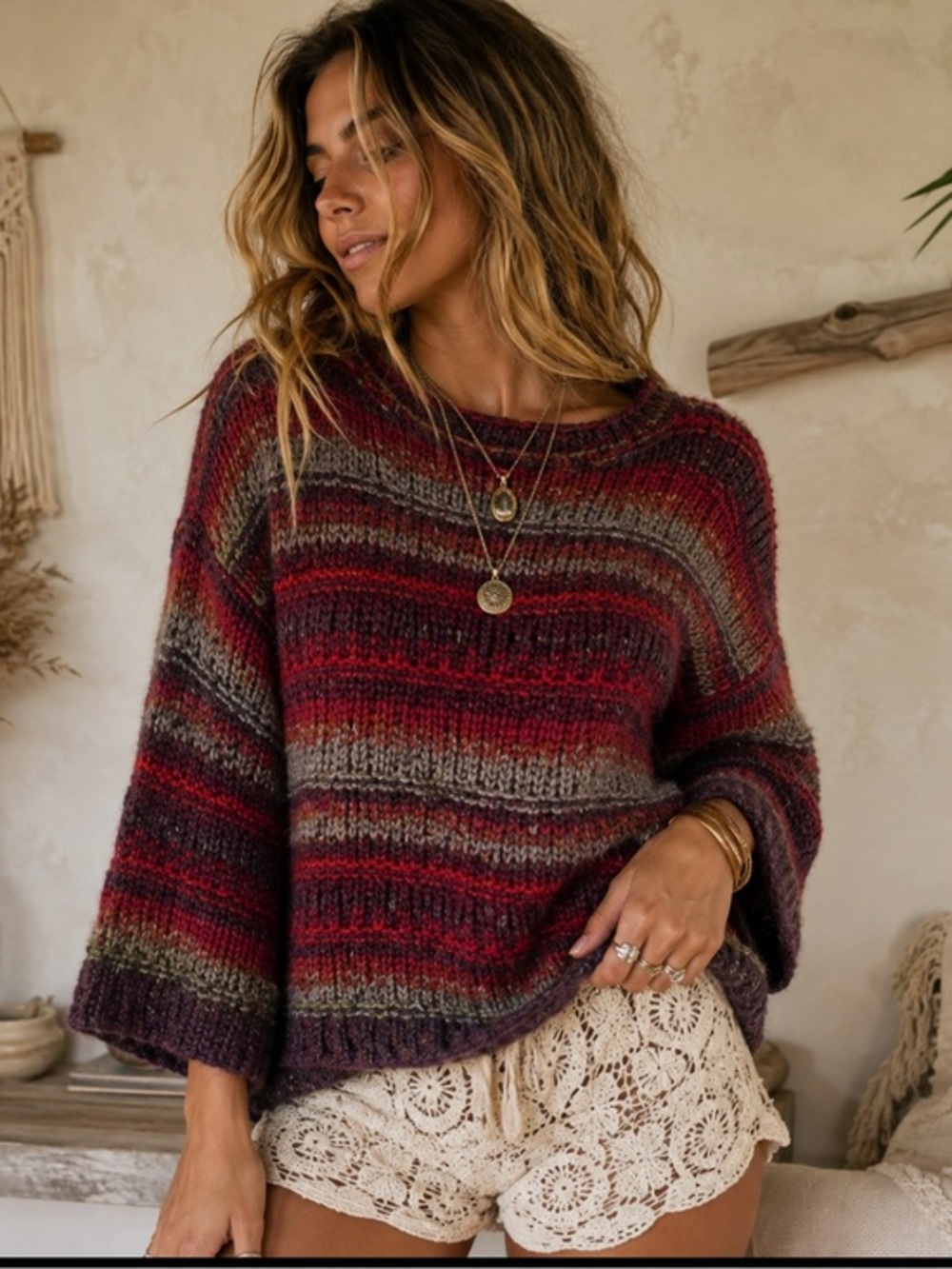Free People Oversized Striped Chunky Knit Sweater Size M